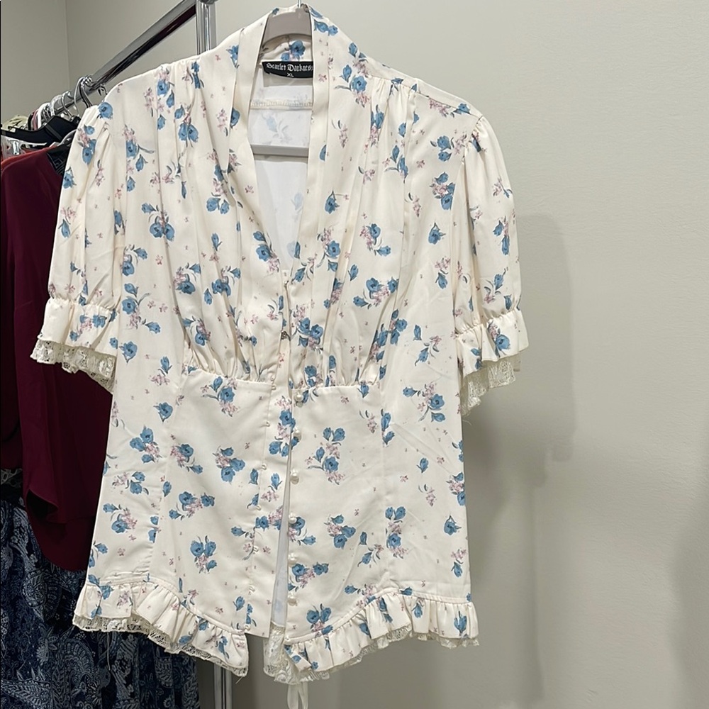 White and Blue Ruffled Corset-style Blouse